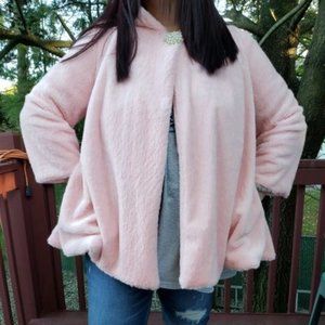 Dannier® Faux Fur A-Line Swing Jacket with Hood in Babydoll Pink Asian Size XXL